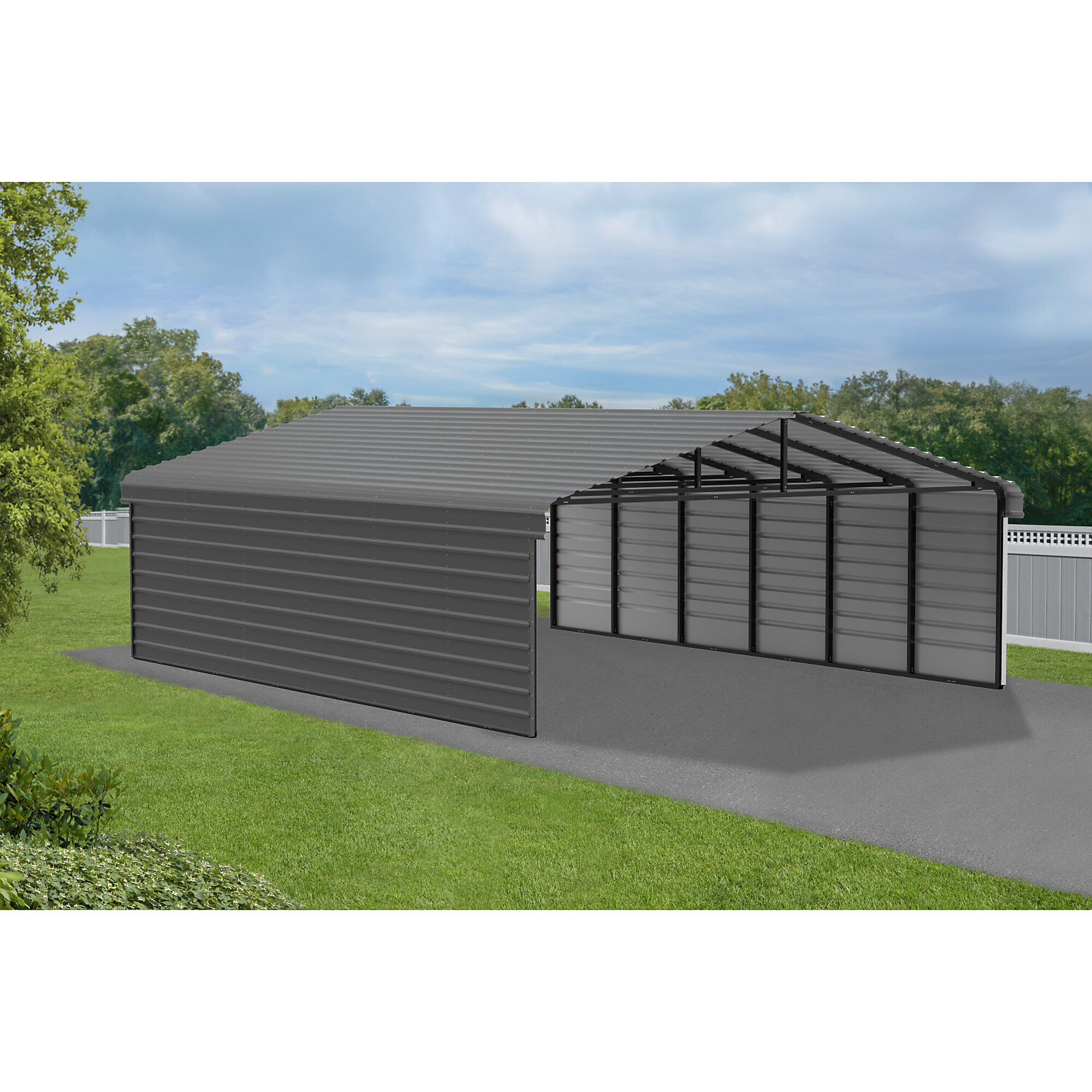 Arrow, Steel Carport w/ 2 Side Wall Kits 20x29x7 Width 243 in, Height 118 in, Cover Material Steel, Model# CPH202907ECL2